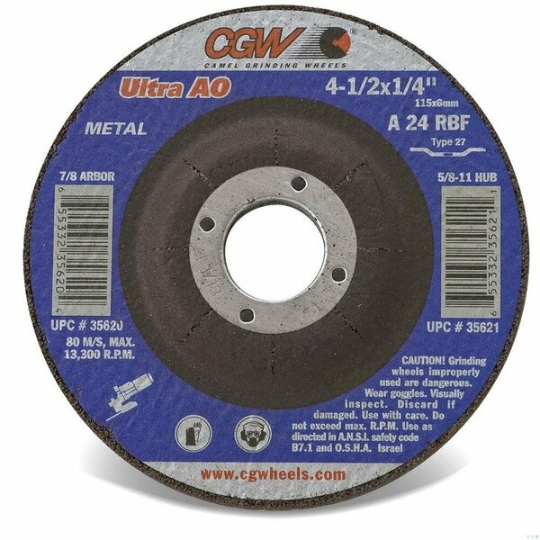 Cgw Abrasives Flat Depressed Center Wheel, 6 in Dia x 1/8 in THK, 7/8 in Center Hole, 24 Grit, Aluminum Oxide Abra 35630